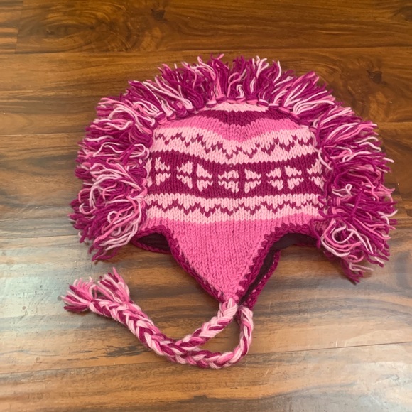 Mohawk Warm Winter Hat Lined Pink 100% Wool from Nepal Fun Teen / Adult - Picture 2 of 2